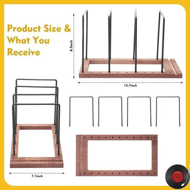 Alt view image 2 of 6 - 2 Pack Vinyl Record Holder Stand Wooden LP Storage Rack with Metal Dividers Desktop Album Organizer for 5075 Records Each Modern Record Display for Living Room Office Music Room
