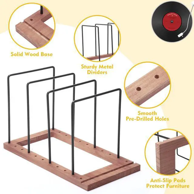 Alt view image 3 of 6 - 2 Pack Vinyl Record Holder Stand Wooden LP Storage Rack with Metal Dividers Desktop Album Organizer for 5075 Records Each Modern Record Display for Living Room Office Music Room