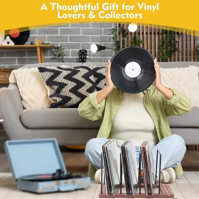 Alt view image 5 of 6 - 2 Pack Vinyl Record Holder Stand Wooden LP Storage Rack with Metal Dividers Desktop Album Organizer for 5075 Records Each Modern Record Display for Living Room Office Music Room