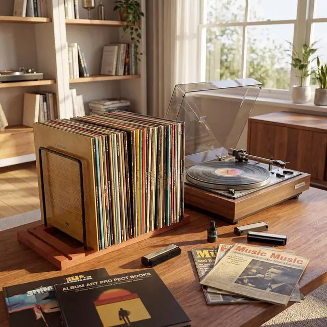 Alt view image 6 of 6 - 2 Pack Vinyl Record Holder Stand Wooden LP Storage Rack with Metal Dividers Desktop Album Organizer for 5075 Records Each Modern Record Display for Living Room Office Music Room