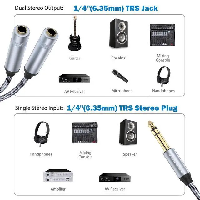 Alt view image 2 of 6 - 1/4 Splitter Adapter Cable 12 inches, 6.35mm Stereo Plug Male to Dual 6.35mm Jack Female Y Splitter Cable, 30cm / 12 inches