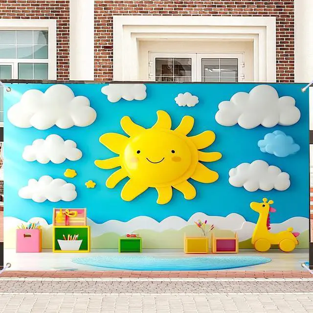 Main image of 90x70" Cartoon Sun Cloud Playroom Backdrop | Joyful sun and cloud backdrop with giraffe toy for playroom and party photography