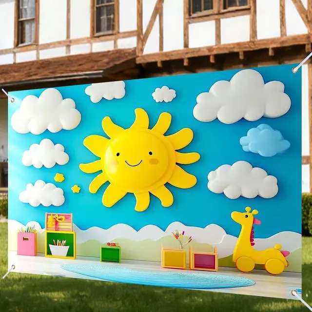 Alt view image 2 of 6 - 90x70" Cartoon Sun Cloud Playroom Backdrop | Joyful sun and cloud backdrop with giraffe toy for playroom and party photography