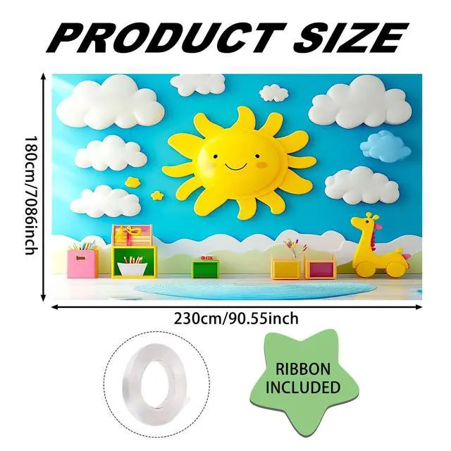 Alt view image 3 of 6 - 90x70" Cartoon Sun Cloud Playroom Backdrop | Joyful sun and cloud backdrop with giraffe toy for playroom and party photography