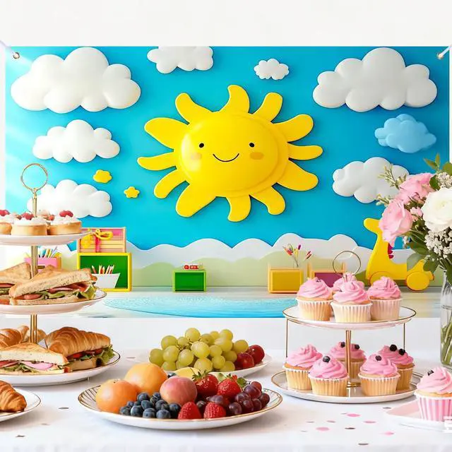 Alt view image 5 of 6 - 90x70" Cartoon Sun Cloud Playroom Backdrop | Joyful sun and cloud backdrop with giraffe toy for playroom and party photography