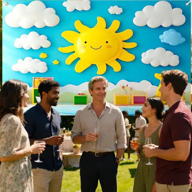 Alt view image 6 of 6 - 90x70" Cartoon Sun Cloud Playroom Backdrop | Joyful sun and cloud backdrop with giraffe toy for playroom and party photography