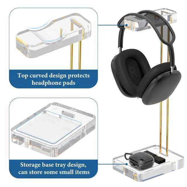 Alt view image 3 of 6 - Headphone Stand for Desk, Clear Acrylic Headset Stand with Gold Metal Accent, Gaming Headphone Holder, Universal Desktop Display Stand for Over-Ear Headphones