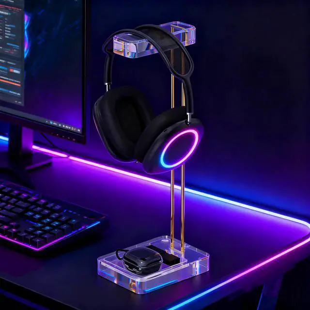 Alt view image 5 of 6 - Headphone Stand for Desk, Clear Acrylic Headset Stand with Gold Metal Accent, Gaming Headphone Holder, Universal Desktop Display Stand for Over-Ear Headphones
