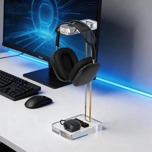 Alt view image 6 of 6 - Headphone Stand for Desk, Clear Acrylic Headset Stand with Gold Metal Accent, Gaming Headphone Holder, Universal Desktop Display Stand for Over-Ear Headphones