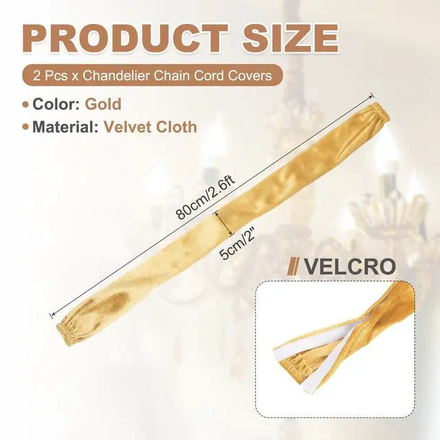 Alt view image 2 of 6 - 2.6ft Chandelier Chain Cord Cover, 2 Pcs Velvet Cloth Fabric Chain Sleeve Decorative Cord Covers for Chandelier Wires Swing Cable, Hook and Loop Fastener Style, Gold