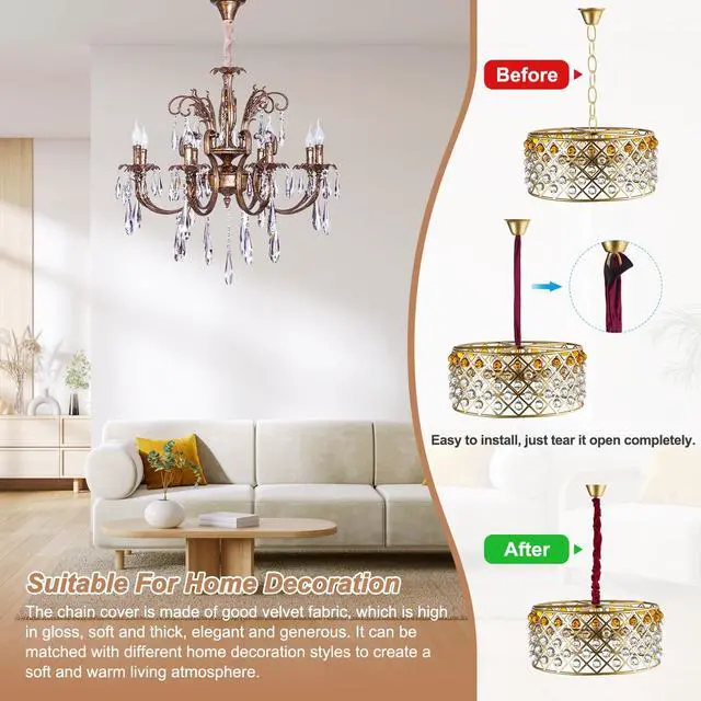 Alt view image 4 of 6 - 2.6ft Chandelier Chain Cord Cover, 2 Pcs Velvet Cloth Fabric Chain Sleeve Decorative Cord Covers for Chandelier Wires Swing Cable, Hook and Loop Fastener Style, Gold