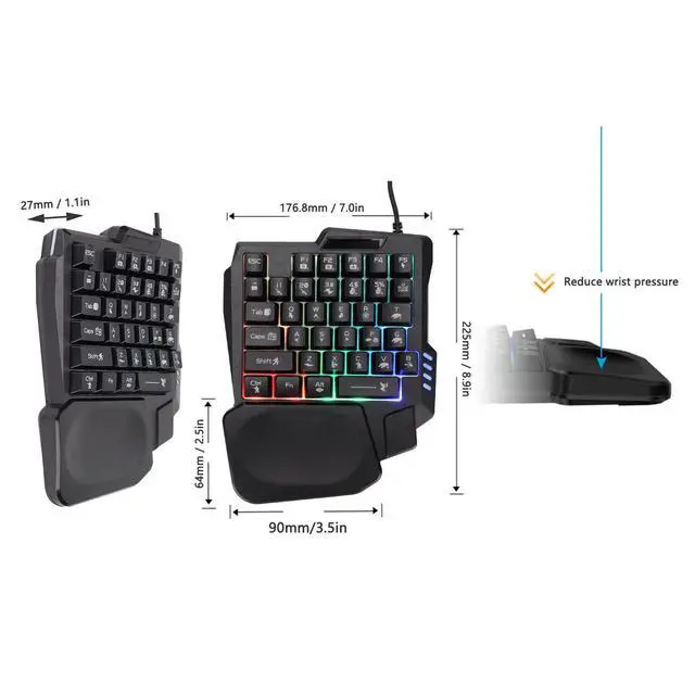 Alt view image 6 of 6 - One Handed Gaming Keyboard, Three Colors Backlight Wide Palm Rest 35 Keys Gaming Keyboard for Computer for Mobile Games