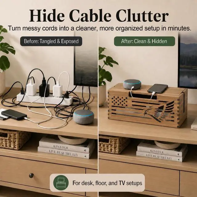 Alt view image 2 of 6 - Acacia Wood Cable Management Box, Cord Hider & Organizer for Power Strip | Magnetic lid, TV Wires, Desk & Floor Cables Office Under Desk Cable Wooden Storage Box for Wire.Carved bald eagle design