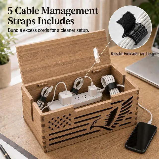 Alt view image 3 of 6 - Acacia Wood Cable Management Box, Cord Hider & Organizer for Power Strip | Magnetic lid, TV Wires, Desk & Floor Cables Office Under Desk Cable Wooden Storage Box for Wire.Carved bald eagle design