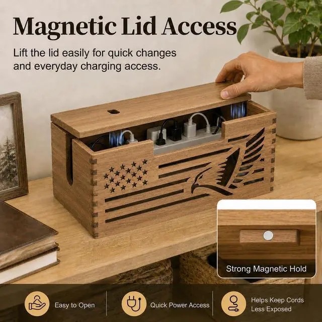Alt view image 4 of 6 - Acacia Wood Cable Management Box, Cord Hider & Organizer for Power Strip | Magnetic lid, TV Wires, Desk & Floor Cables Office Under Desk Cable Wooden Storage Box for Wire.Carved bald eagle design