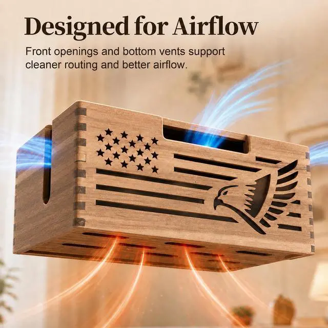 Alt view image 5 of 6 - Acacia Wood Cable Management Box, Cord Hider & Organizer for Power Strip | Magnetic lid, TV Wires, Desk & Floor Cables Office Under Desk Cable Wooden Storage Box for Wire.Carved bald eagle design