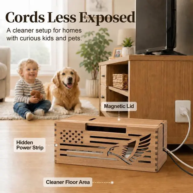Alt view image 6 of 6 - Acacia Wood Cable Management Box, Cord Hider & Organizer for Power Strip | Magnetic lid, TV Wires, Desk & Floor Cables Office Under Desk Cable Wooden Storage Box for Wire.Carved bald eagle design