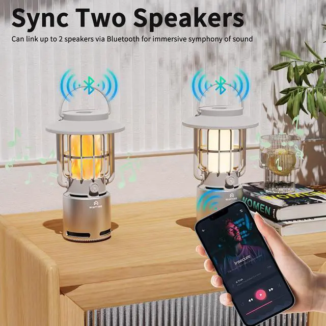 Alt view image 2 of 6 - Portable Bluetooth Outdoor Speaker with Lights(1 Pack | Long Working Hours, Multi-Sync,LED Flame,IP65 Waterproof for Outdoor Patio Outside Porch