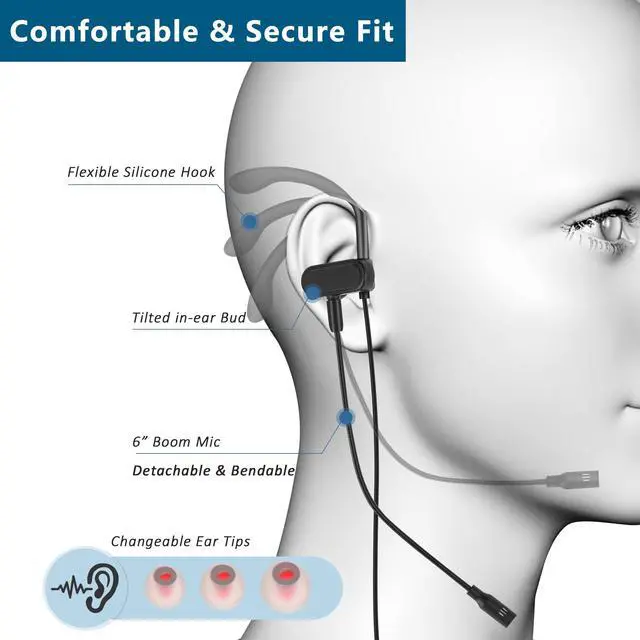 Alt view image 2 of 6 - in-Ear Wired Earbuds with Ear Hooks, Gaming Headset & Boom Mic | Detachable Boom Mic, Lightweight & Secure Fit, for 3.5mm Device, Ideal Headphones for Gaming, Call Centers Use