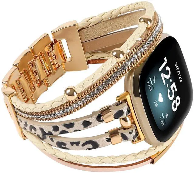 Main image of Posh Leather Bands Compatible with Fitbit Versa 4/3 Fitbit Sense 2 Women | Boho Stylish Multilayer Wrap Bracelets Wristband, Handmade Adjustable Jewelry Strap Retro Smart Watch