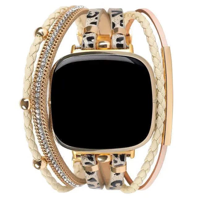 Alt view image 2 of 6 - Posh Leather Bands Compatible with Fitbit Versa 4/3 Fitbit Sense 2 Women | Boho Stylish Multilayer Wrap Bracelets Wristband, Handmade Adjustable Jewelry Strap Retro Smart Watch