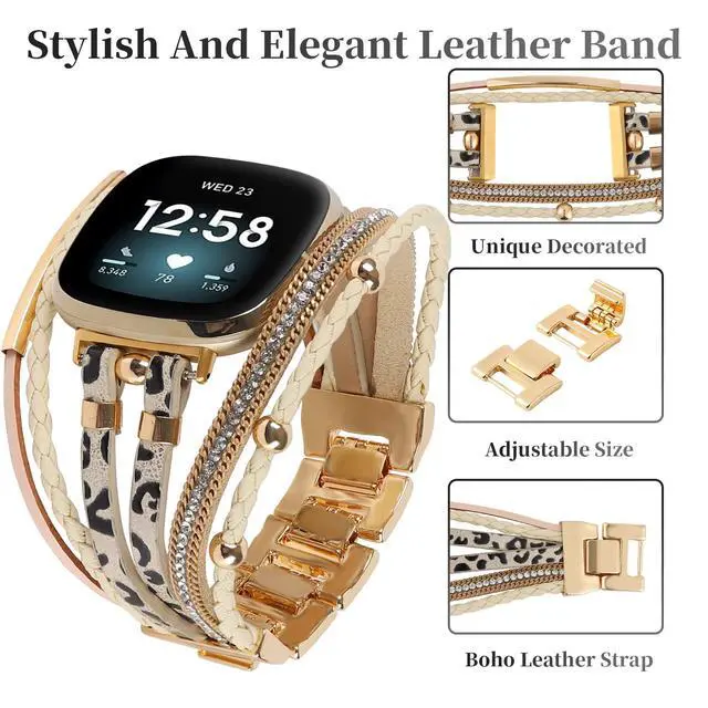 Alt view image 3 of 6 - Posh Leather Bands Compatible with Fitbit Versa 4/3 Fitbit Sense 2 Women | Boho Stylish Multilayer Wrap Bracelets Wristband, Handmade Adjustable Jewelry Strap Retro Smart Watch