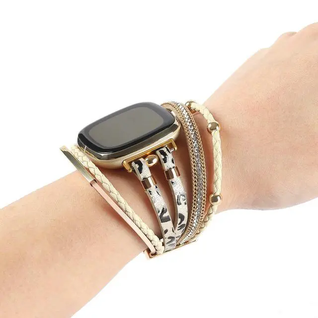 Alt view image 5 of 6 - Posh Leather Bands Compatible with Fitbit Versa 4/3 Fitbit Sense 2 Women | Boho Stylish Multilayer Wrap Bracelets Wristband, Handmade Adjustable Jewelry Strap Retro Smart Watch