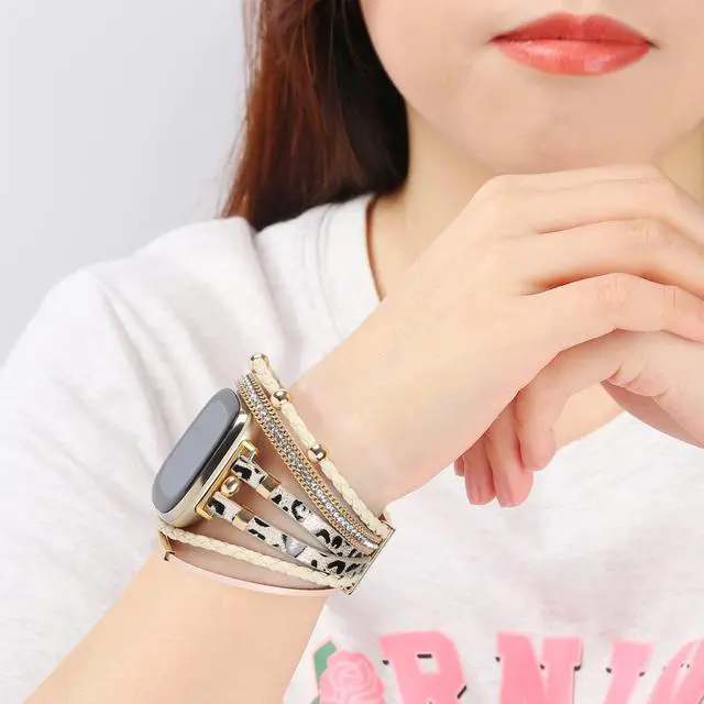 Alt view image 6 of 6 - Posh Leather Bands Compatible with Fitbit Versa 4/3 Fitbit Sense 2 Women | Boho Stylish Multilayer Wrap Bracelets Wristband, Handmade Adjustable Jewelry Strap Retro Smart Watch