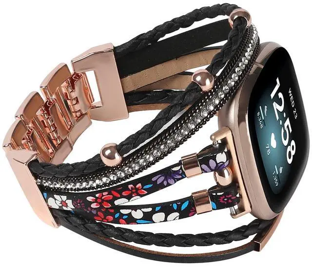 Main image of Posh Leather Bands Compatible with Fitbit Versa 4/3 Fitbit Sense 2 Women | Boho Stylish Multilayer Wrap Bracelets Wristband, Handmade Adjustable Jewelry Strap Retro Smart Watch