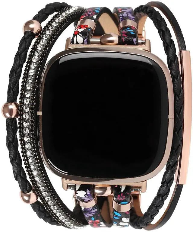 Alt view image 2 of 6 - Posh Leather Bands Compatible with Fitbit Versa 4/3 Fitbit Sense 2 Women | Boho Stylish Multilayer Wrap Bracelets Wristband, Handmade Adjustable Jewelry Strap Retro Smart Watch