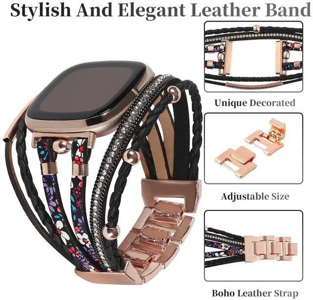 Alt view image 3 of 6 - Posh Leather Bands Compatible with Fitbit Versa 4/3 Fitbit Sense 2 Women | Boho Stylish Multilayer Wrap Bracelets Wristband, Handmade Adjustable Jewelry Strap Retro Smart Watch