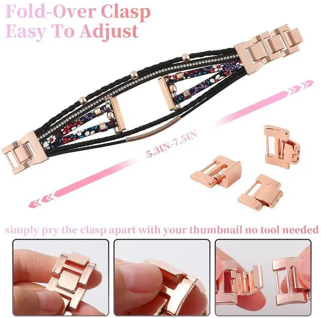 Alt view image 4 of 6 - Posh Leather Bands Compatible with Fitbit Versa 4/3 Fitbit Sense 2 Women | Boho Stylish Multilayer Wrap Bracelets Wristband, Handmade Adjustable Jewelry Strap Retro Smart Watch