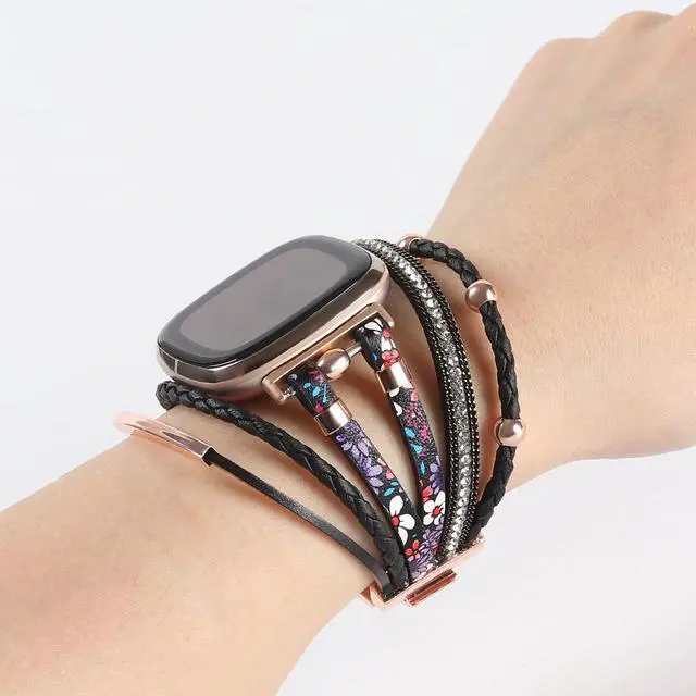 Alt view image 5 of 6 - Posh Leather Bands Compatible with Fitbit Versa 4/3 Fitbit Sense 2 Women | Boho Stylish Multilayer Wrap Bracelets Wristband, Handmade Adjustable Jewelry Strap Retro Smart Watch