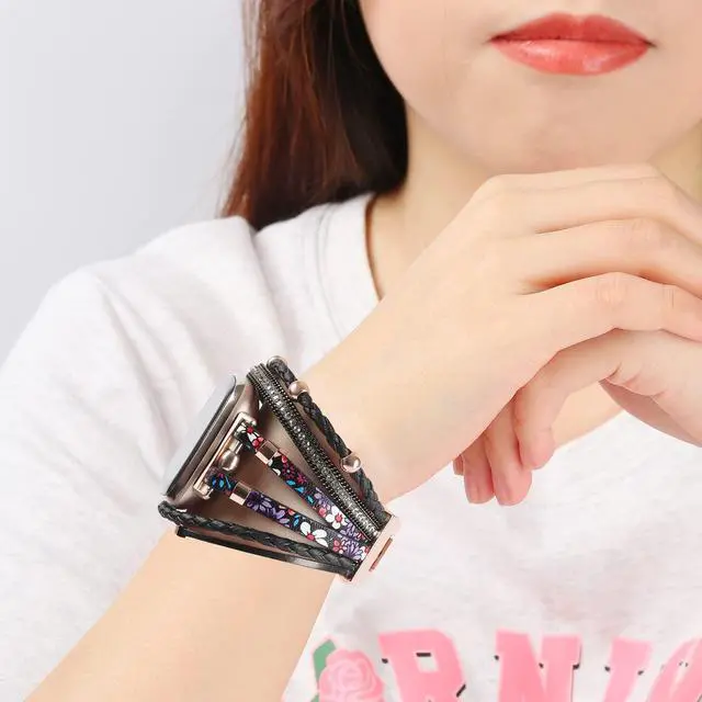 Alt view image 6 of 6 - Posh Leather Bands Compatible with Fitbit Versa 4/3 Fitbit Sense 2 Women | Boho Stylish Multilayer Wrap Bracelets Wristband, Handmade Adjustable Jewelry Strap Retro Smart Watch