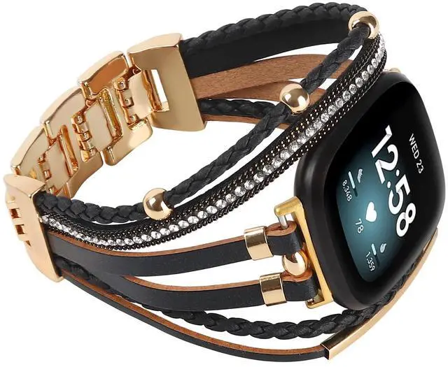 Main image of Posh Leather Bands Compatible with Fitbit Versa 4/3 Fitbit Sense 2 Women | Boho Stylish Multilayer Wrap Bracelets Wristband, Handmade Adjustable Jewelry Strap Retro Smart Watch