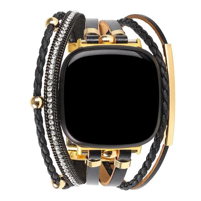 Alt view image 2 of 6 - Posh Leather Bands Compatible with Fitbit Versa 4/3 Fitbit Sense 2 Women | Boho Stylish Multilayer Wrap Bracelets Wristband, Handmade Adjustable Jewelry Strap Retro Smart Watch