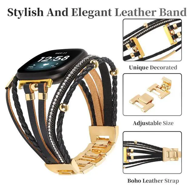 Alt view image 3 of 6 - Posh Leather Bands Compatible with Fitbit Versa 4/3 Fitbit Sense 2 Women | Boho Stylish Multilayer Wrap Bracelets Wristband, Handmade Adjustable Jewelry Strap Retro Smart Watch