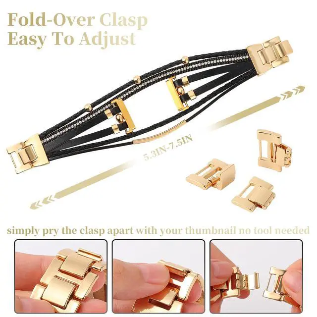 Alt view image 4 of 6 - Posh Leather Bands Compatible with Fitbit Versa 4/3 Fitbit Sense 2 Women | Boho Stylish Multilayer Wrap Bracelets Wristband, Handmade Adjustable Jewelry Strap Retro Smart Watch