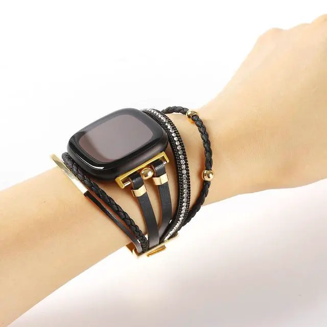 Alt view image 5 of 6 - Posh Leather Bands Compatible with Fitbit Versa 4/3 Fitbit Sense 2 Women | Boho Stylish Multilayer Wrap Bracelets Wristband, Handmade Adjustable Jewelry Strap Retro Smart Watch