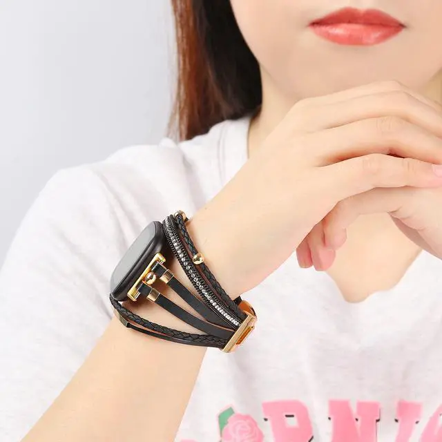 Alt view image 6 of 6 - Posh Leather Bands Compatible with Fitbit Versa 4/3 Fitbit Sense 2 Women | Boho Stylish Multilayer Wrap Bracelets Wristband, Handmade Adjustable Jewelry Strap Retro Smart Watch