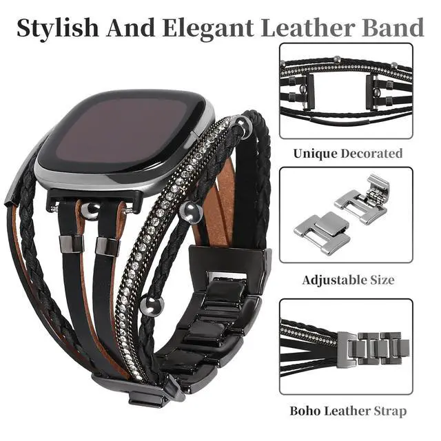 Alt view image 3 of 6 - Posh Leather Bands Compatible with Fitbit Versa 4/3 Fitbit Sense 2 Women | Boho Stylish Multilayer Wrap Bracelets Wristband, Handmade Adjustable Jewelry Strap Retro Smart Watch