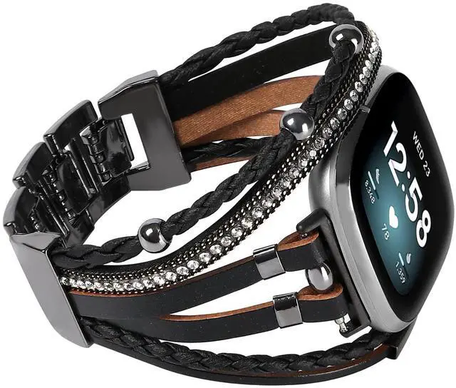 Main image of Posh Leather Bands Compatible with Fitbit Versa 4/3 Fitbit Sense 2 Women | Boho Stylish Multilayer Wrap Bracelets Wristband, Handmade Adjustable Jewelry Strap Retro Smart Watch