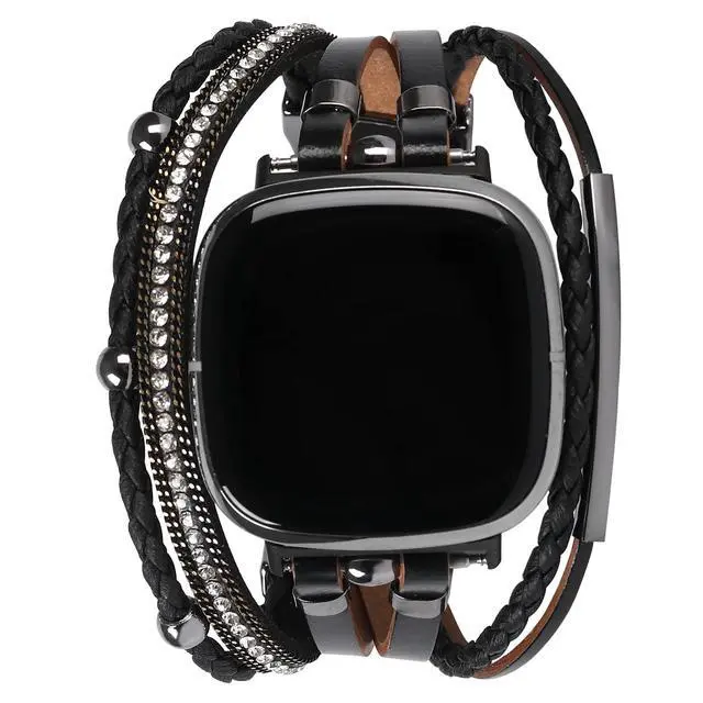 Alt view image 2 of 6 - Posh Leather Bands Compatible with Fitbit Versa 4/3 Fitbit Sense 2 Women | Boho Stylish Multilayer Wrap Bracelets Wristband, Handmade Adjustable Jewelry Strap Retro Smart Watch
