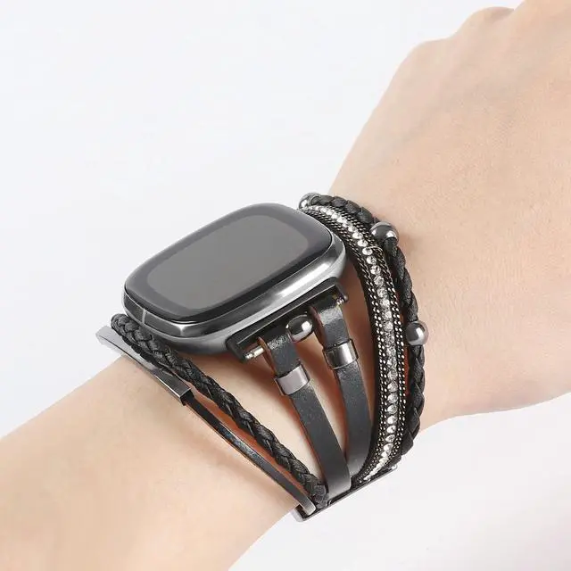Alt view image 5 of 6 - Posh Leather Bands Compatible with Fitbit Versa 4/3 Fitbit Sense 2 Women | Boho Stylish Multilayer Wrap Bracelets Wristband, Handmade Adjustable Jewelry Strap Retro Smart Watch