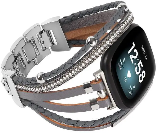 Main image of Posh Leather Bands Compatible with Fitbit Versa 4/3 Fitbit Sense 2 Women | Boho Stylish Multilayer Wrap Bracelets Wristband, Handmade Adjustable Jewelry Strap Retro Smart Watch