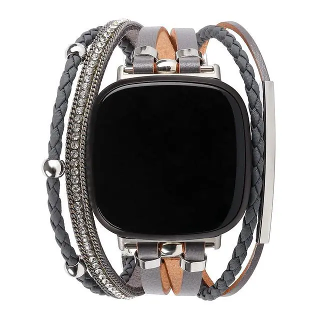 Alt view image 2 of 6 - Posh Leather Bands Compatible with Fitbit Versa 4/3 Fitbit Sense 2 Women | Boho Stylish Multilayer Wrap Bracelets Wristband, Handmade Adjustable Jewelry Strap Retro Smart Watch