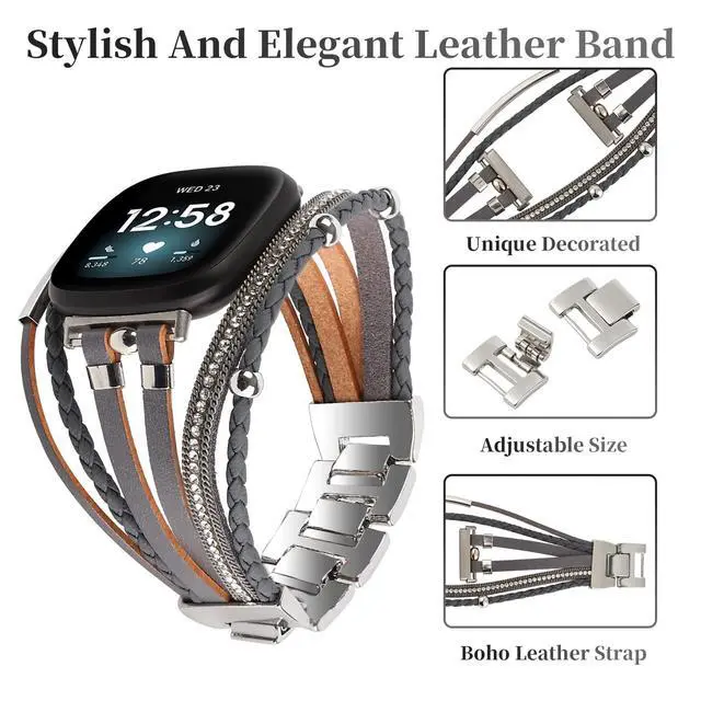 Alt view image 3 of 6 - Posh Leather Bands Compatible with Fitbit Versa 4/3 Fitbit Sense 2 Women | Boho Stylish Multilayer Wrap Bracelets Wristband, Handmade Adjustable Jewelry Strap Retro Smart Watch