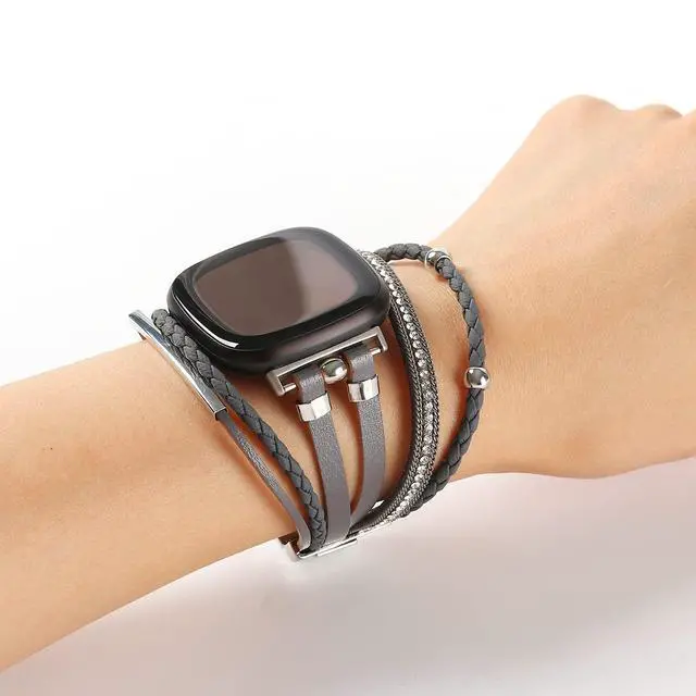 Alt view image 5 of 6 - Posh Leather Bands Compatible with Fitbit Versa 4/3 Fitbit Sense 2 Women | Boho Stylish Multilayer Wrap Bracelets Wristband, Handmade Adjustable Jewelry Strap Retro Smart Watch