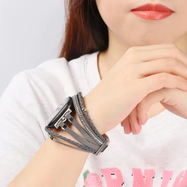 Alt view image 6 of 6 - Posh Leather Bands Compatible with Fitbit Versa 4/3 Fitbit Sense 2 Women | Boho Stylish Multilayer Wrap Bracelets Wristband, Handmade Adjustable Jewelry Strap Retro Smart Watch