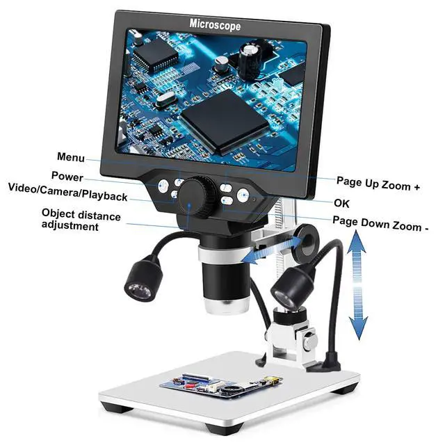 Alt view image 4 of 6 - 7" LCD Digital Microscope for Adults, 1200X Coin Magnifier with Screen, 12MP 1080P USB Camera, Metal Stand, 8 LED Lights, PC View for Soldering and PCB Repair